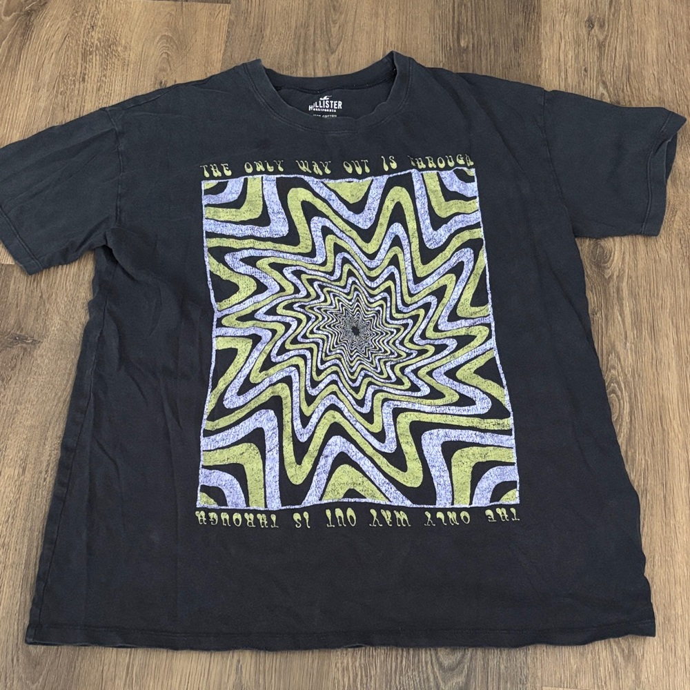 Hollister Black T-Shirt with Trippy Graphic